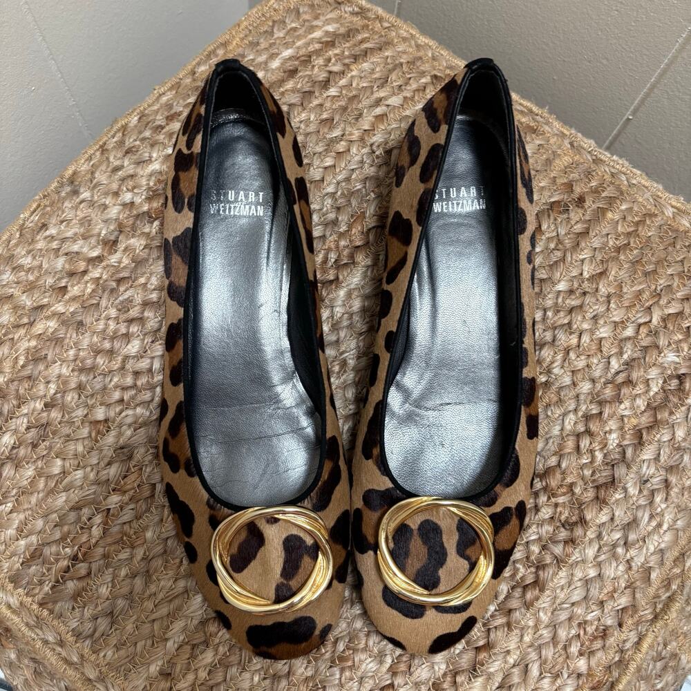 Stuart Weitzman OhMy Leopard Calf Hair Ballet Flats Gold Buckle Sz 9 Mob Wife - Picture 2 of 6